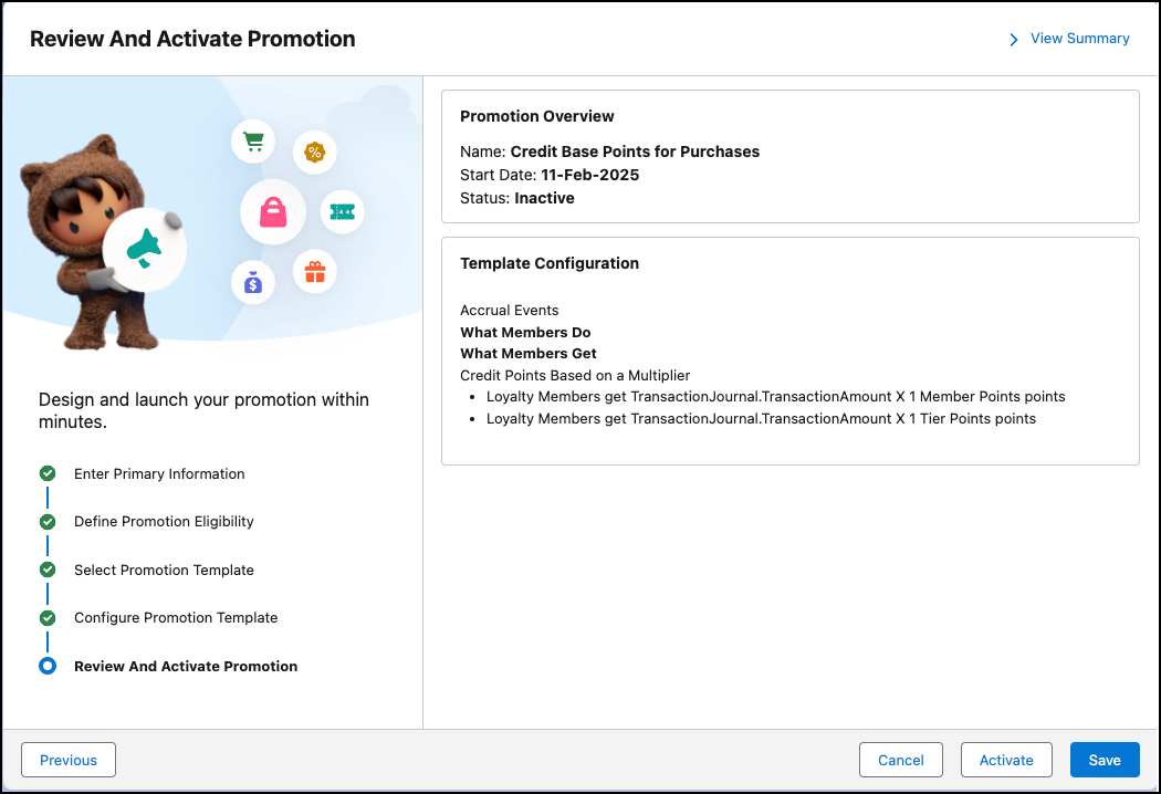 The last step in the Quick Promotion setup flow where you review and activate the promotion.