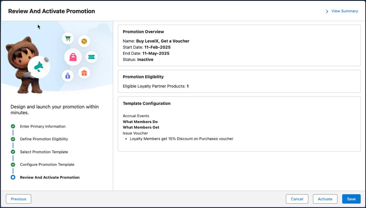 The last step in the Quick Promotion setup flow where you review and activate the promotion.