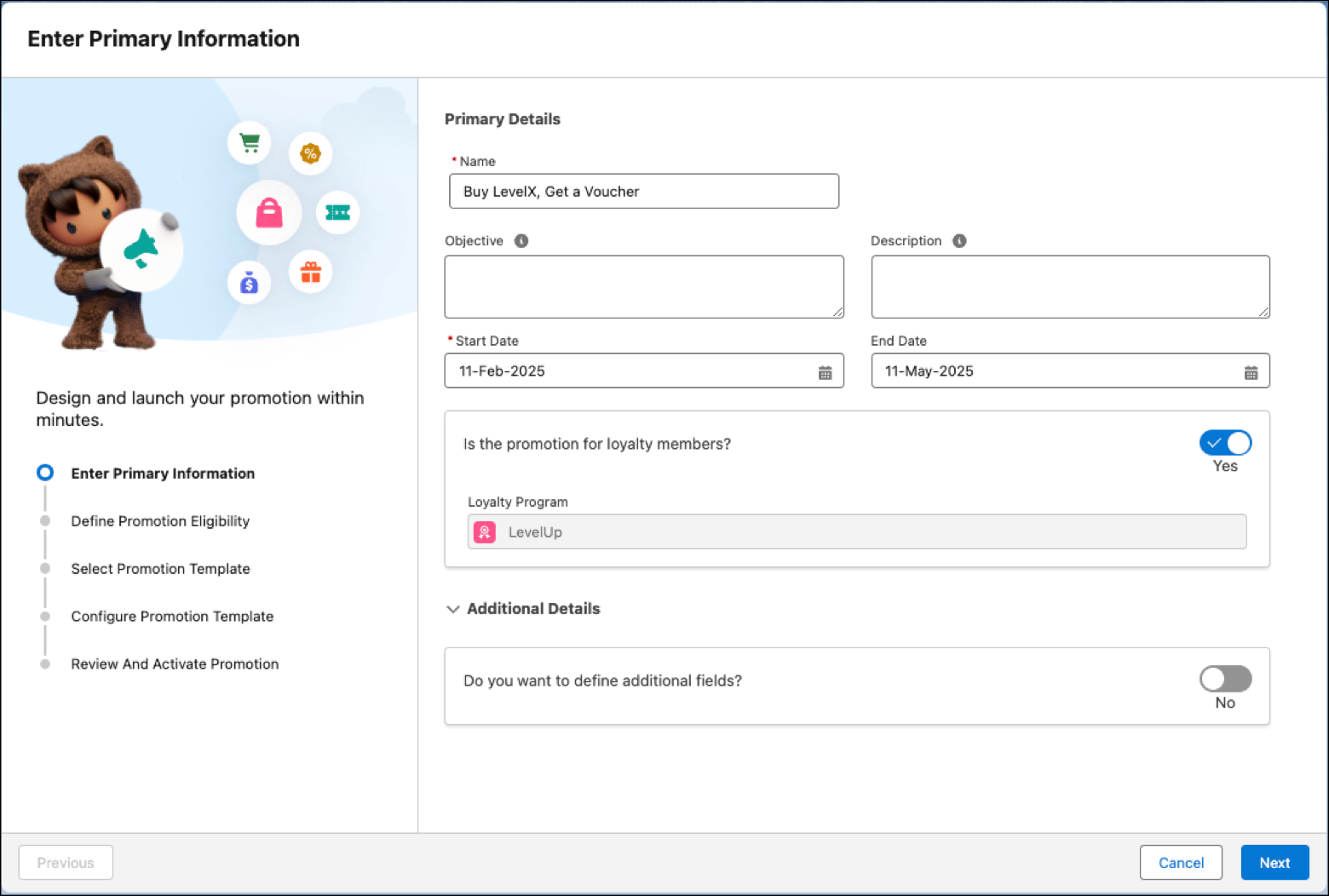 The first step in the Quick Promotion setup flow where you enter the primary information.