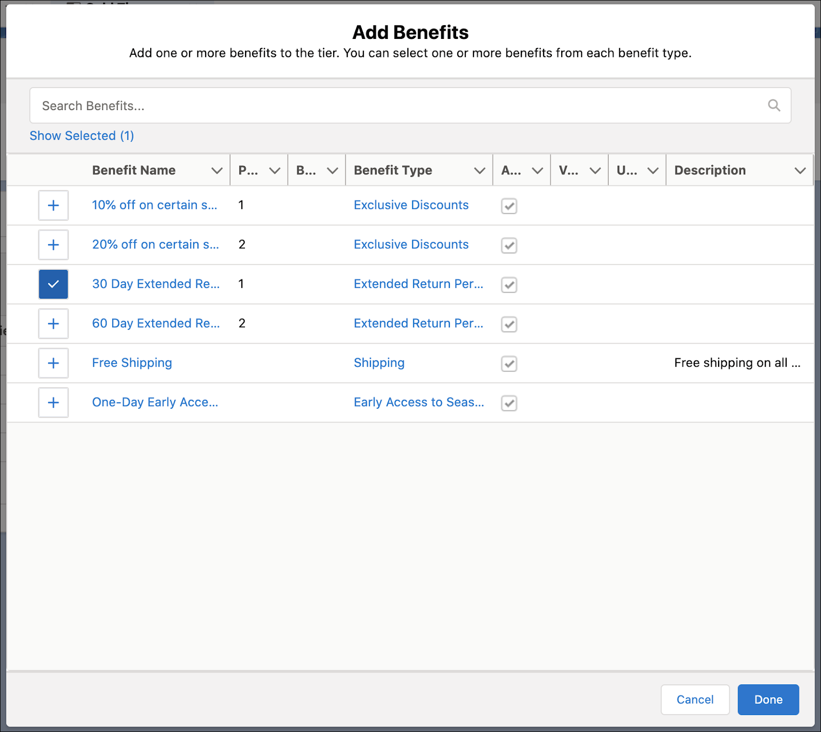 The Add Benefits window where you can select the benefits for a tier.