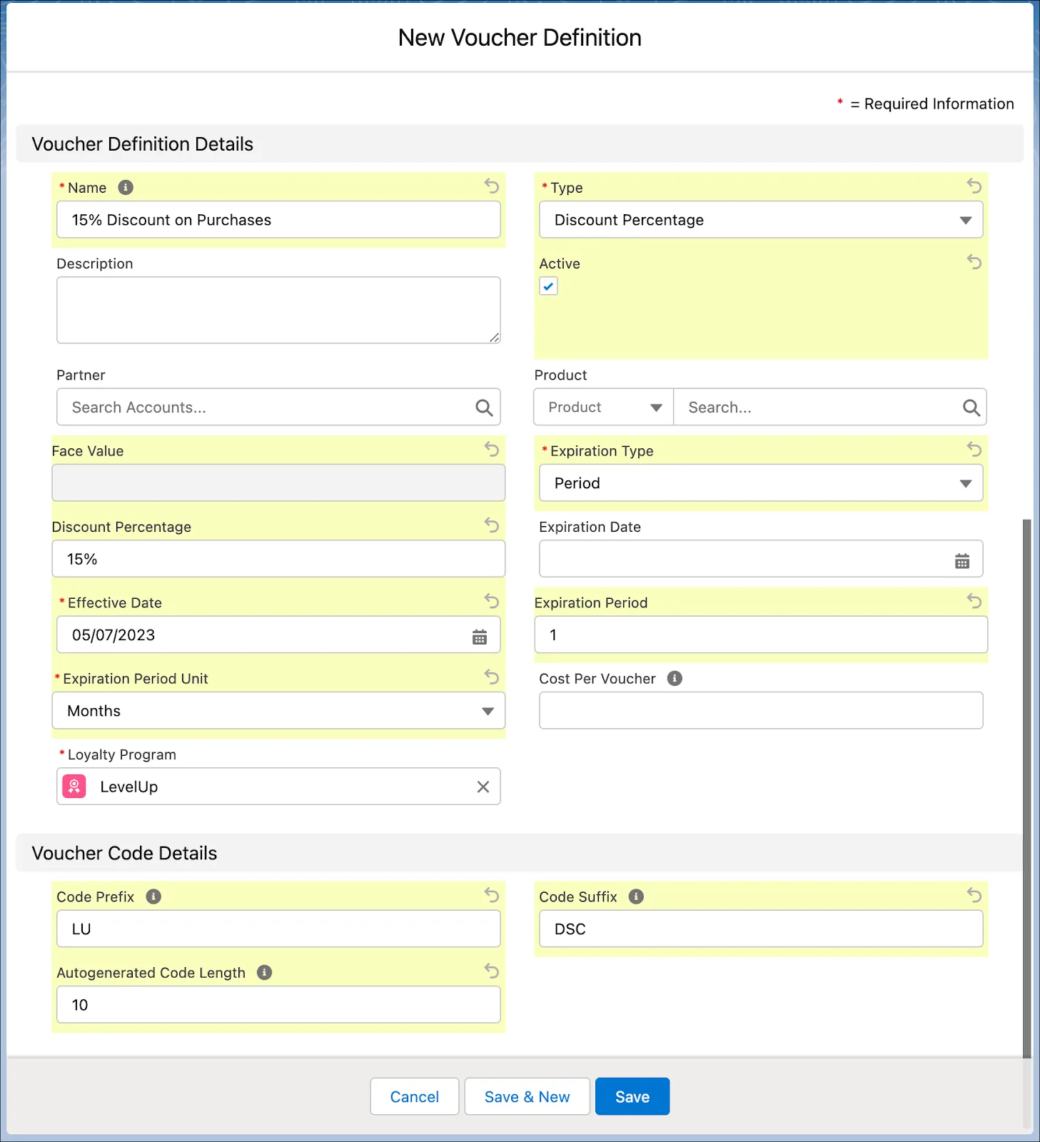 The New Voucher Definition window where you define the details of a voucher.