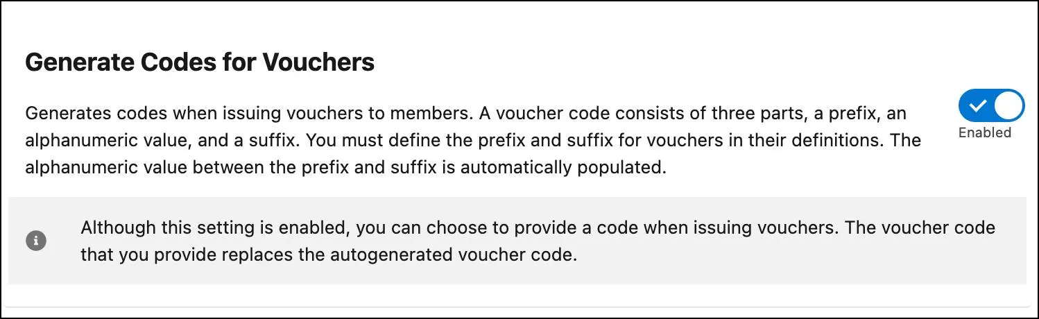 有効化されている [Generate Codes for Vouchers (バウチャーのコードを生成)] 設定。