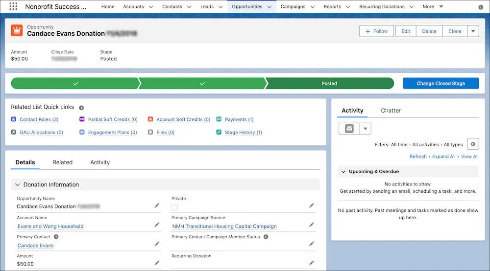 A $50 donation tracked in an NPSP opportunity record.