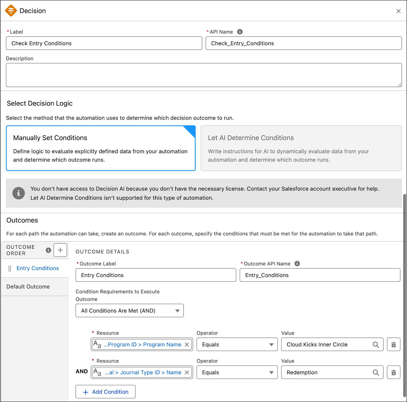 The New Decision window where you define the parameters to filter the transactions.