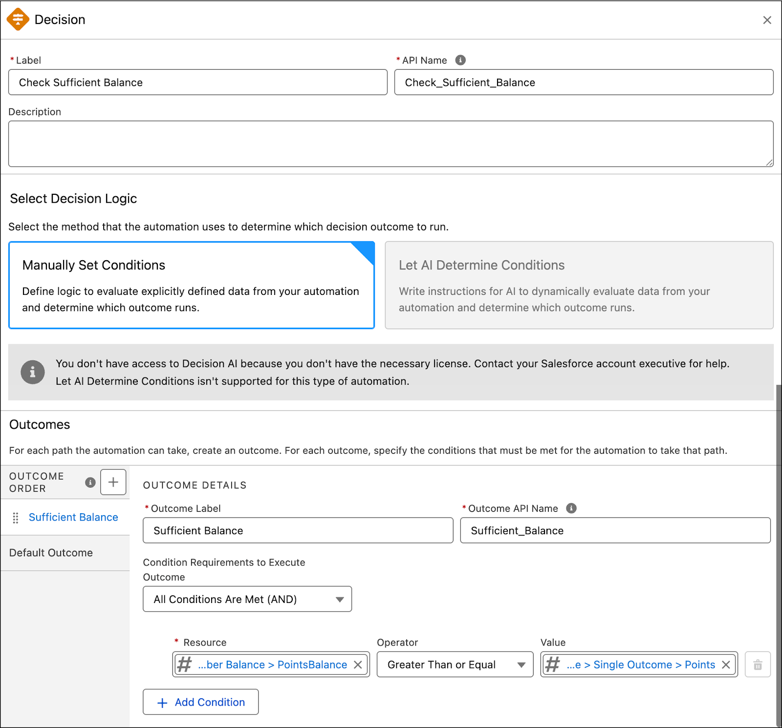 The New Decision window where you define the parameters to check the member’s points balance.