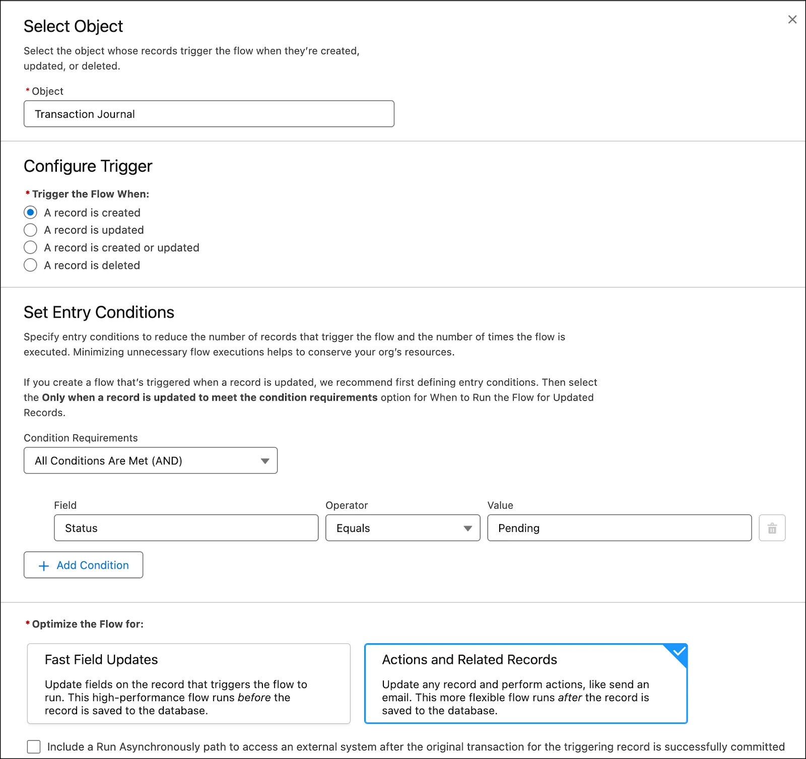 The Configure Start panel where you define the conditions for the flow.