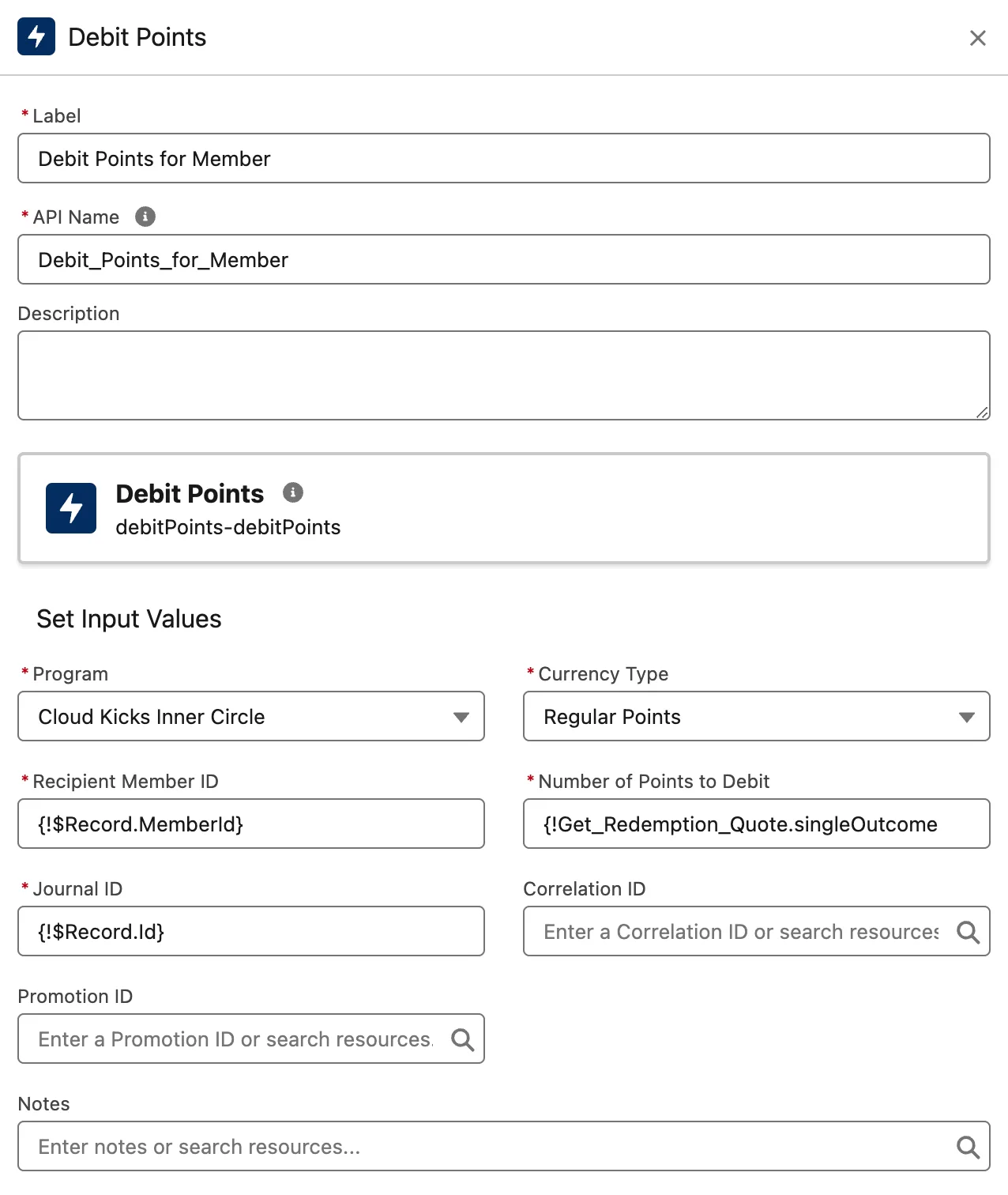 The New Action window for the Debit Points action.