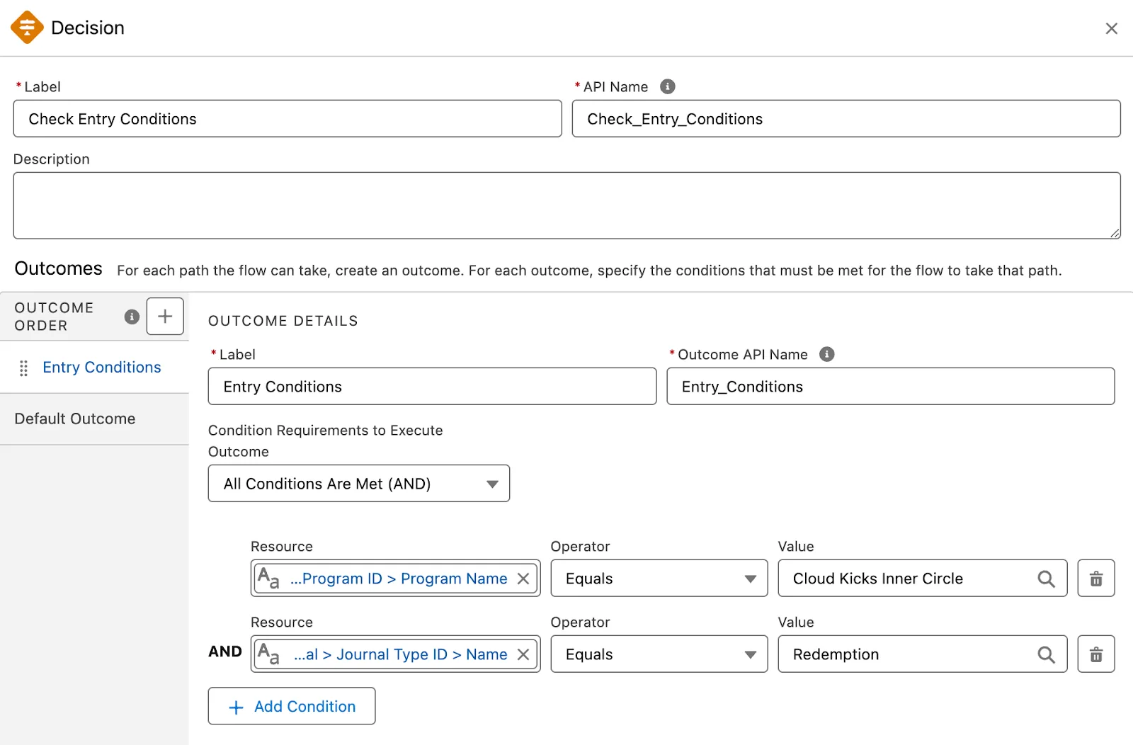 The New Decision window where you define the parameters to filter the transactions.