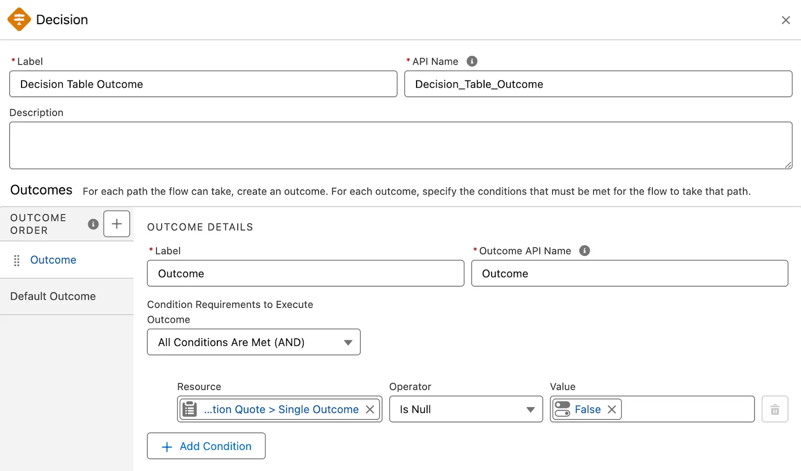 The New Decision window where you define the parameters to check the outcome of the decision table.