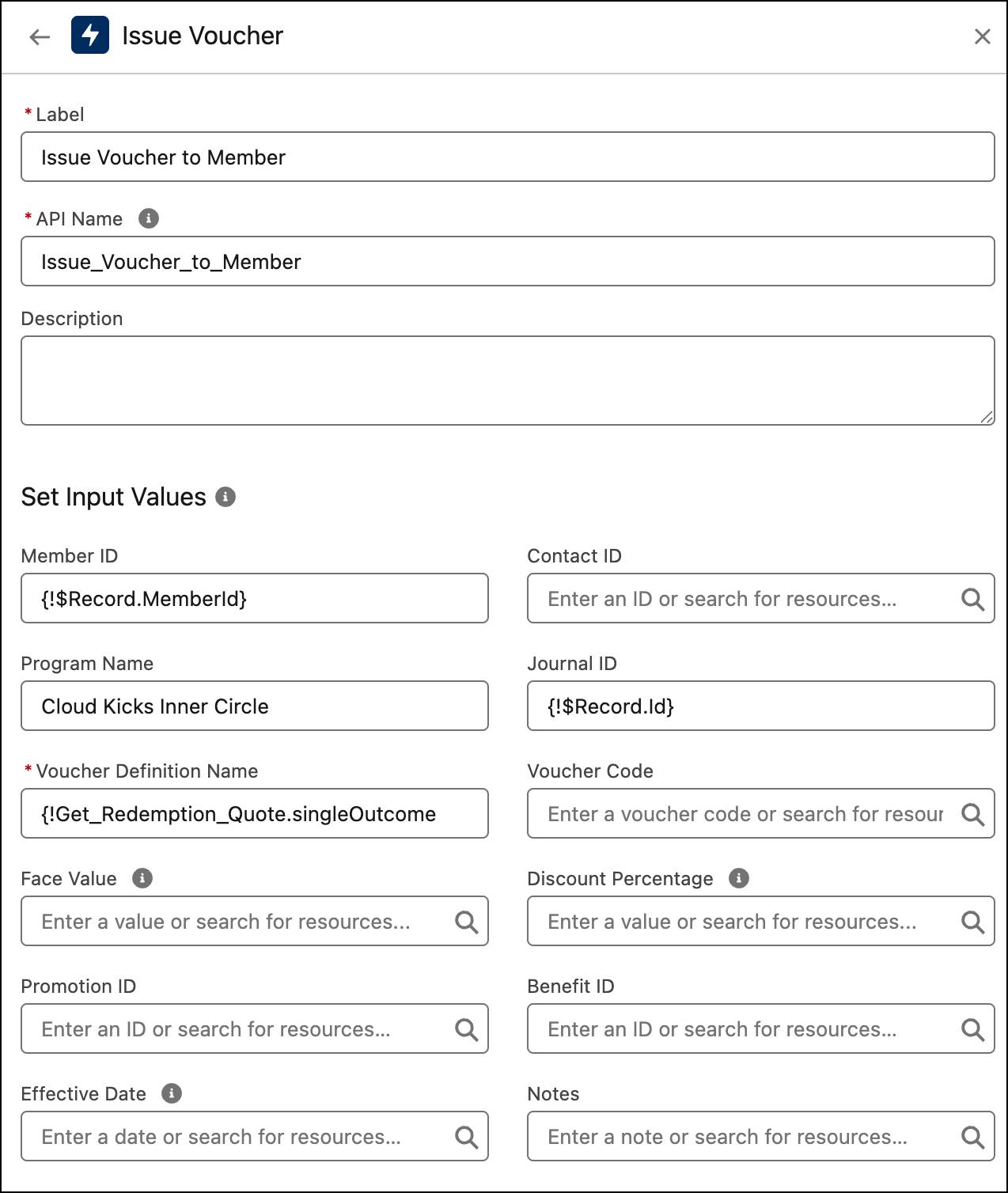The New Action window for the Issue Voucher loyalty action.
