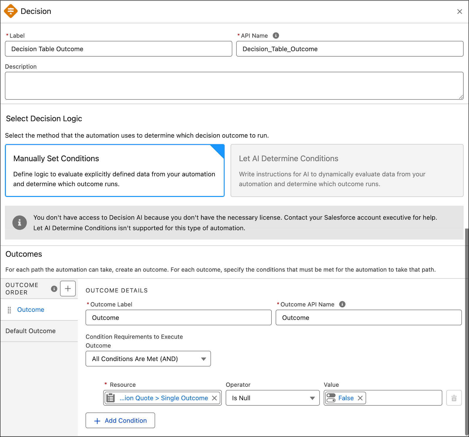 The New Decision window where you define the parameters to check the outcome of the decision table.