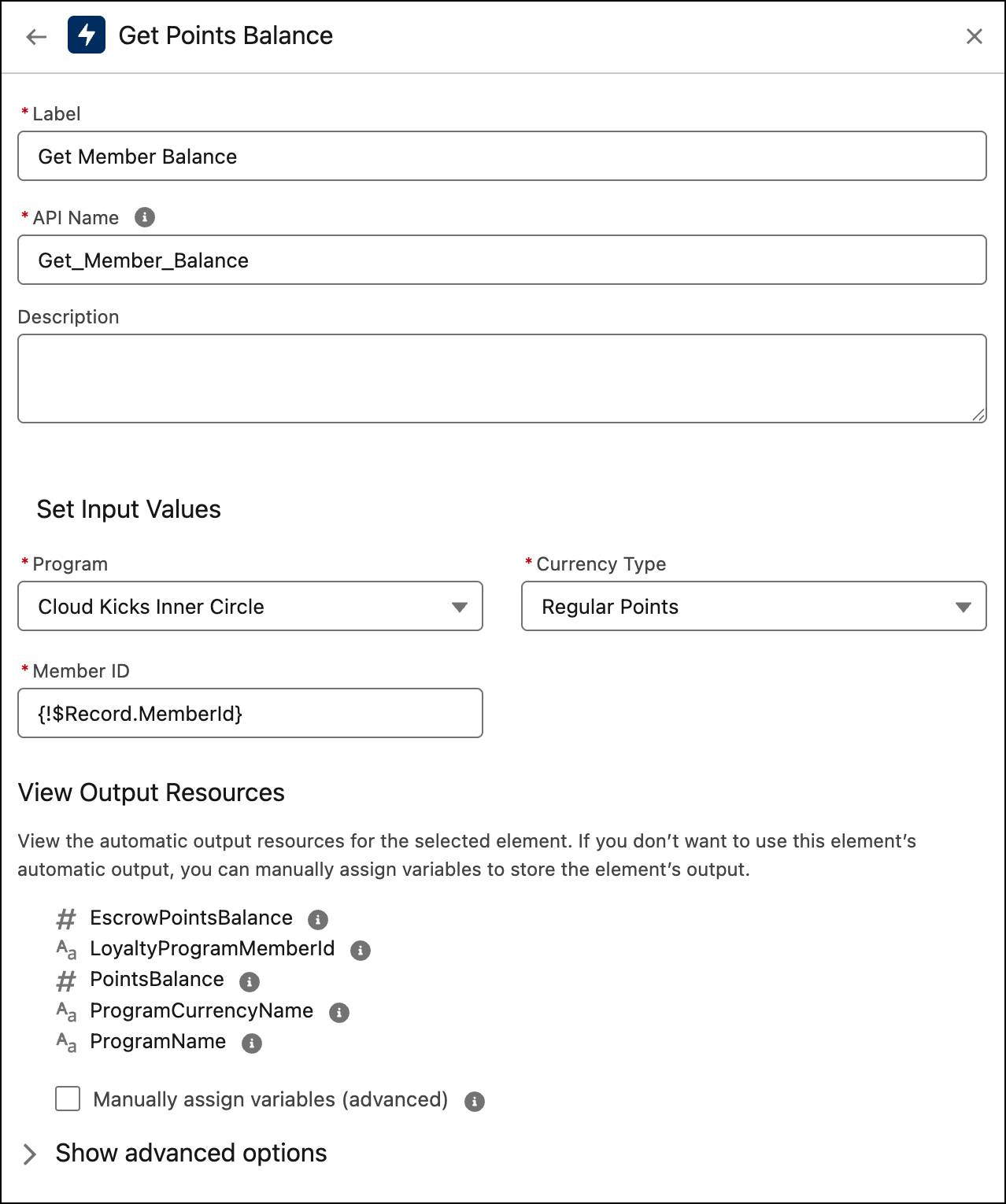 The New Action window for the Get Points Balance action.