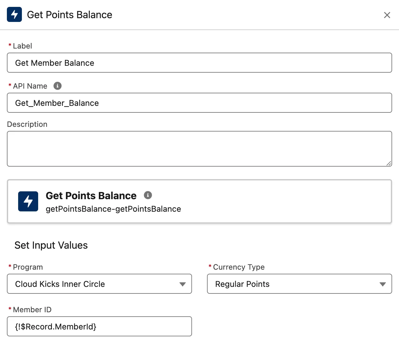 The New Action window for the Get Points Balance action.