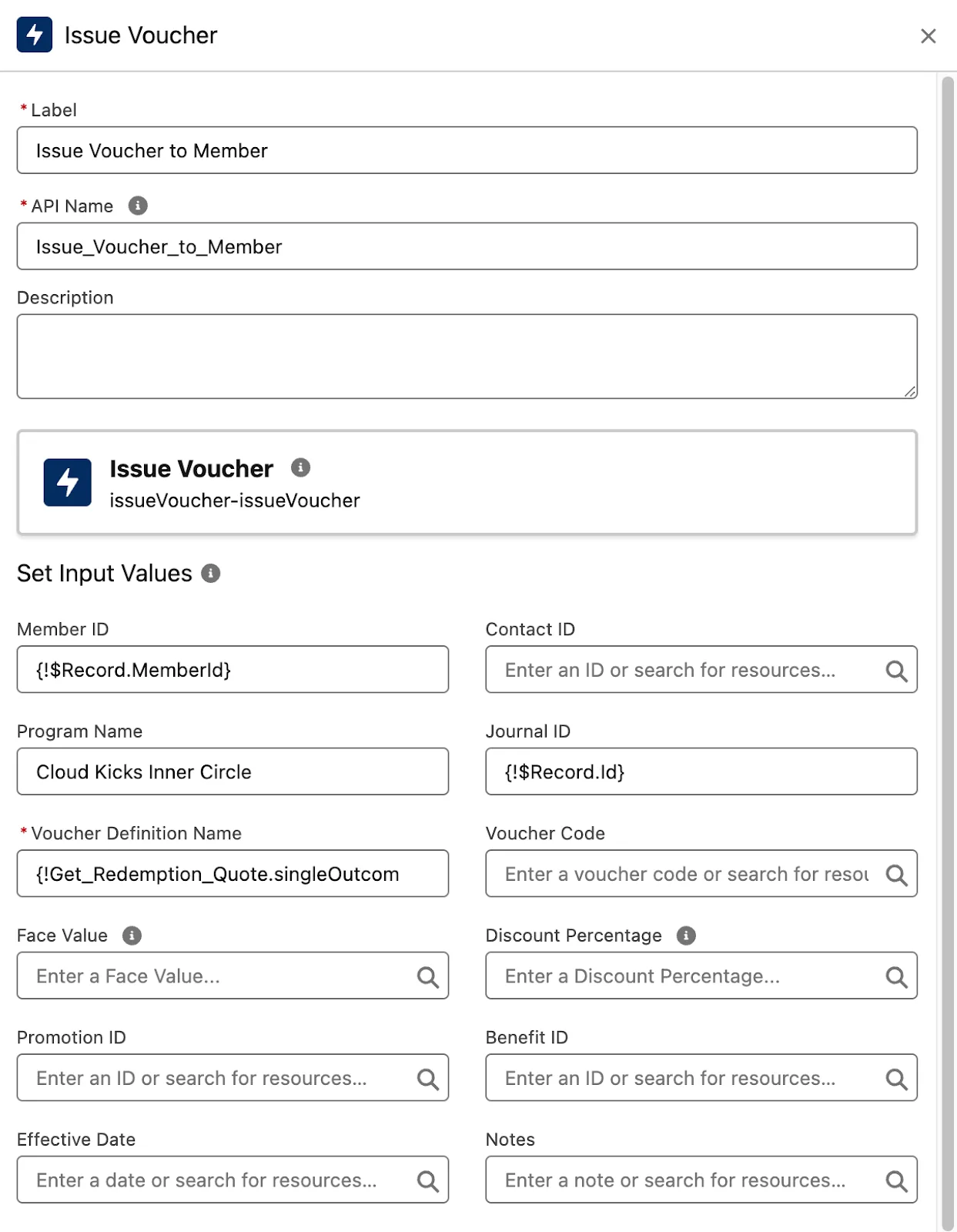 The New Action window for the Issue Voucher loyalty action.