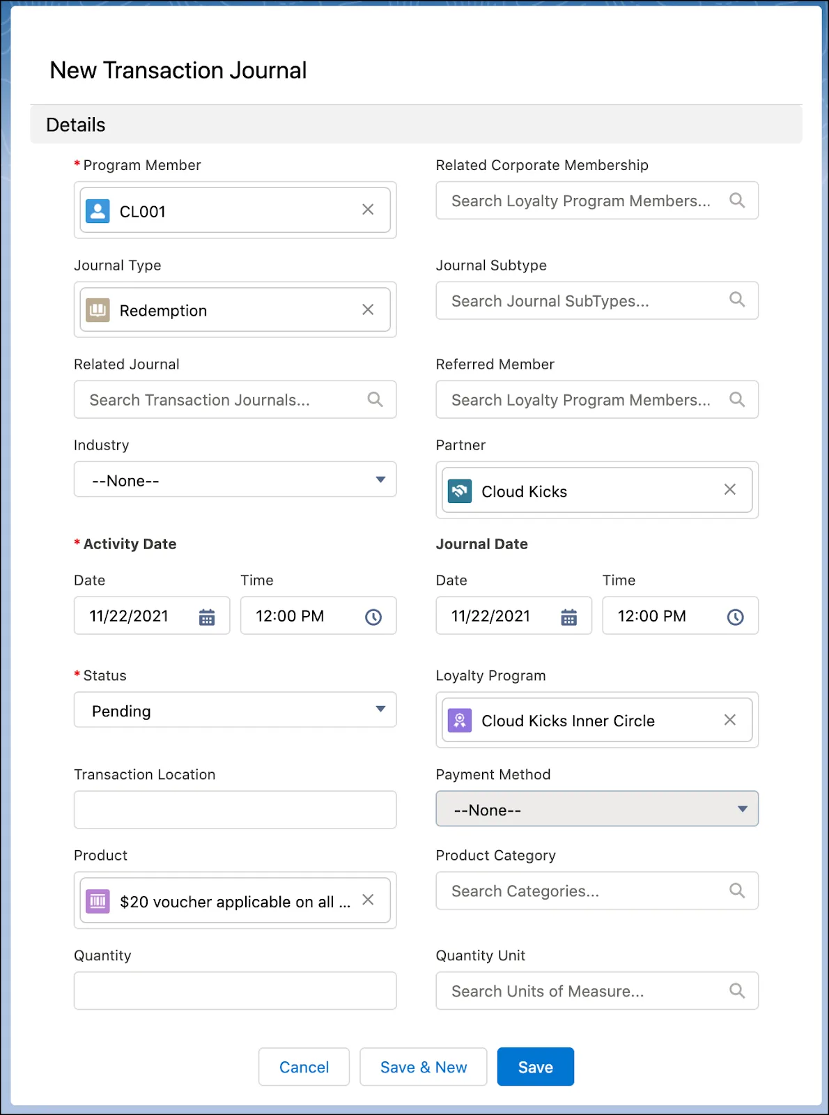 The New Transaction Journal window where you can manually create a transaction journal.