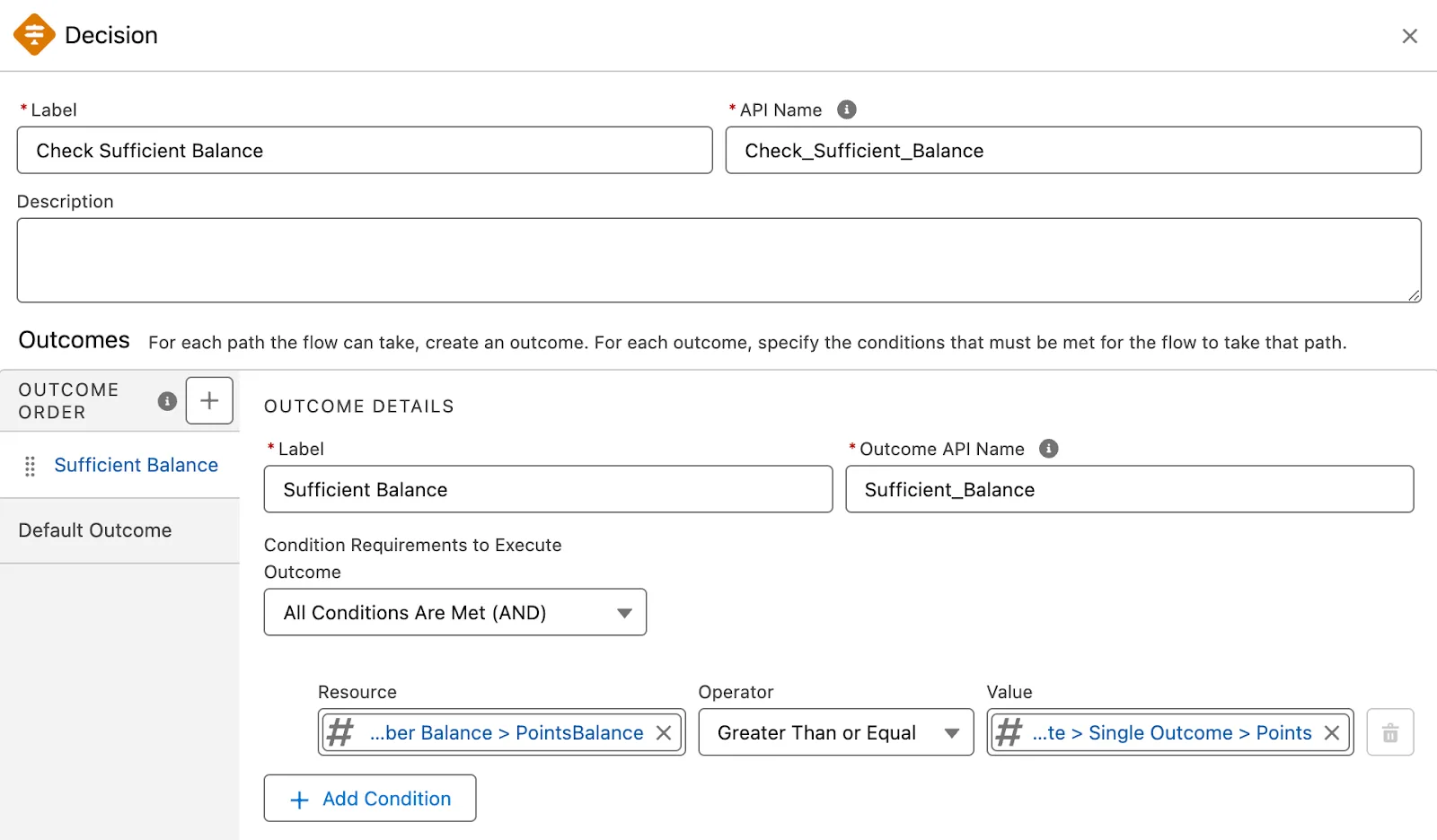 The New Decision window where you define the parameters to check the member’s points balance.