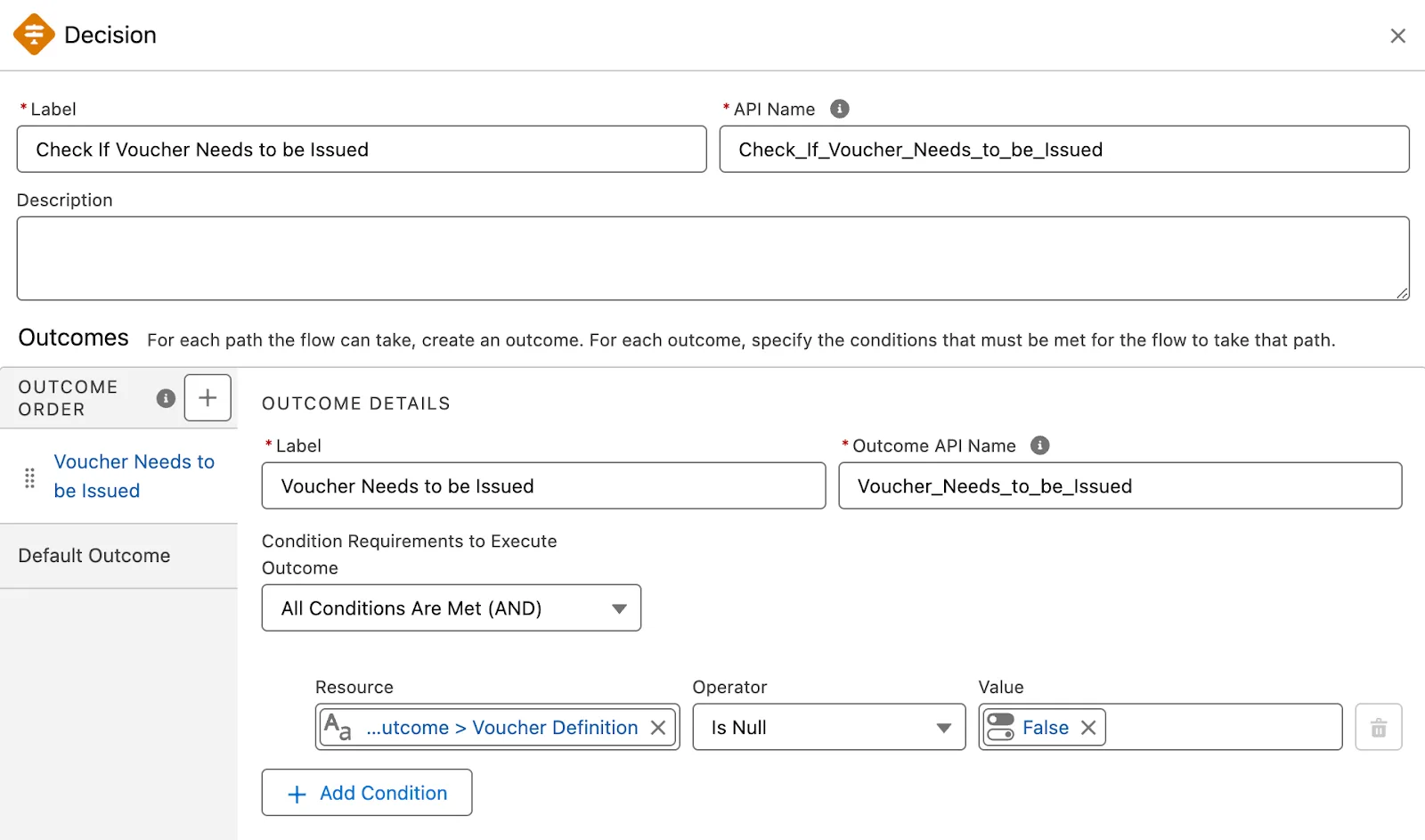 The New Decision window where you define the parameters to check if a voucher needs to be issued.