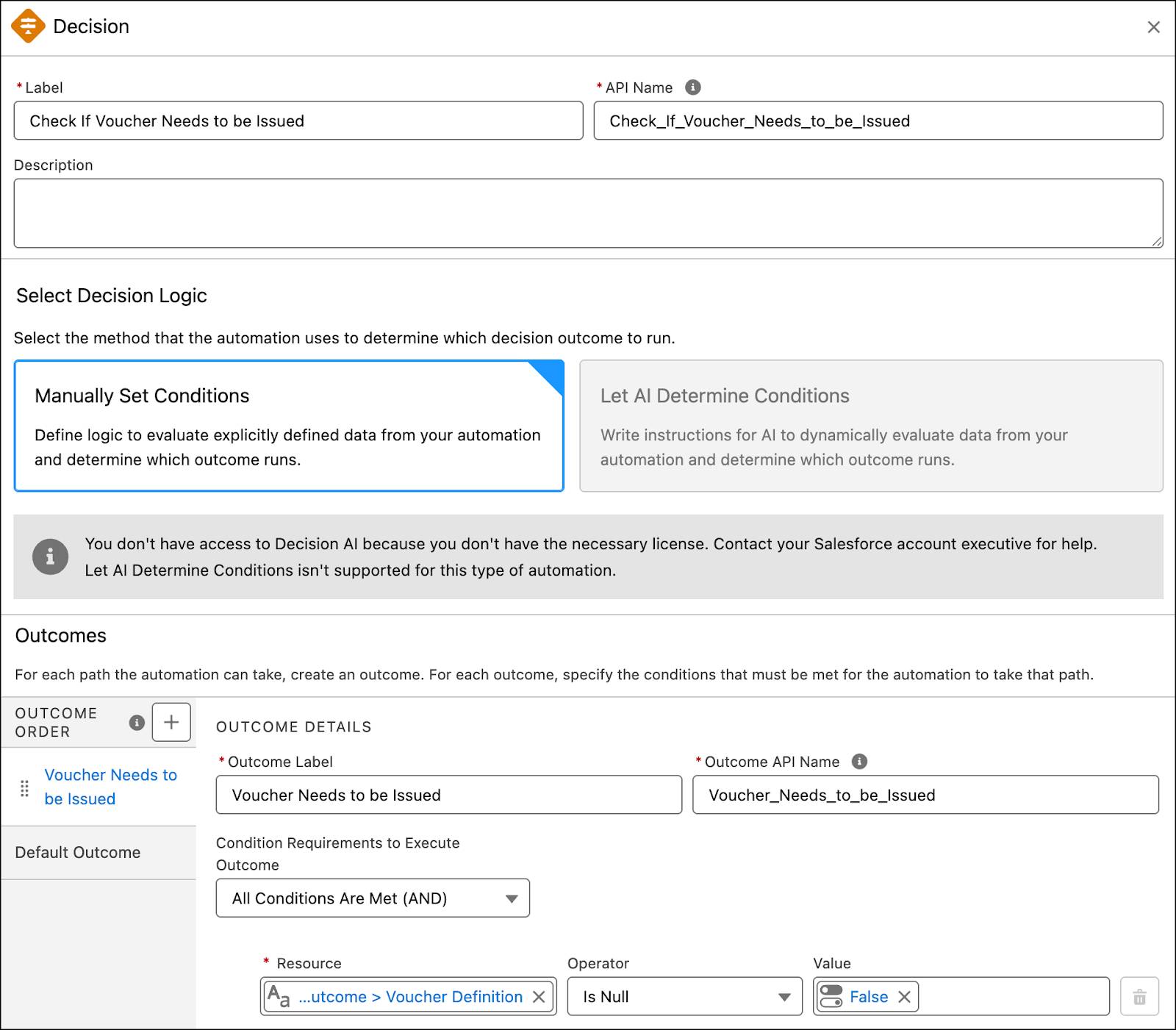 The New Decision window where you define the parameters to check if a voucher needs to be issued.