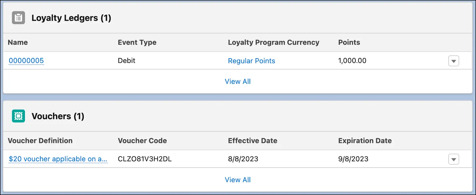 The Loyalty Ledgers card with the debited points, and the Vouchers card with the issued voucher.