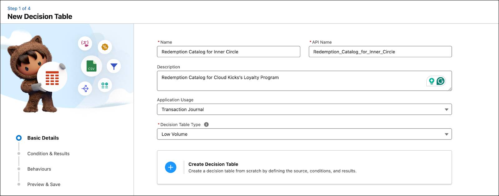 The New Decision Table page when you enter the basics details.