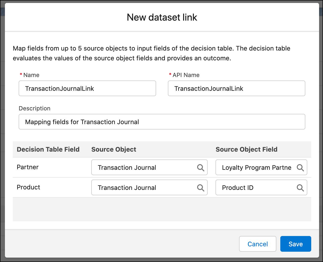 The New dataset link window where you map the decision table fields with those of the source object.