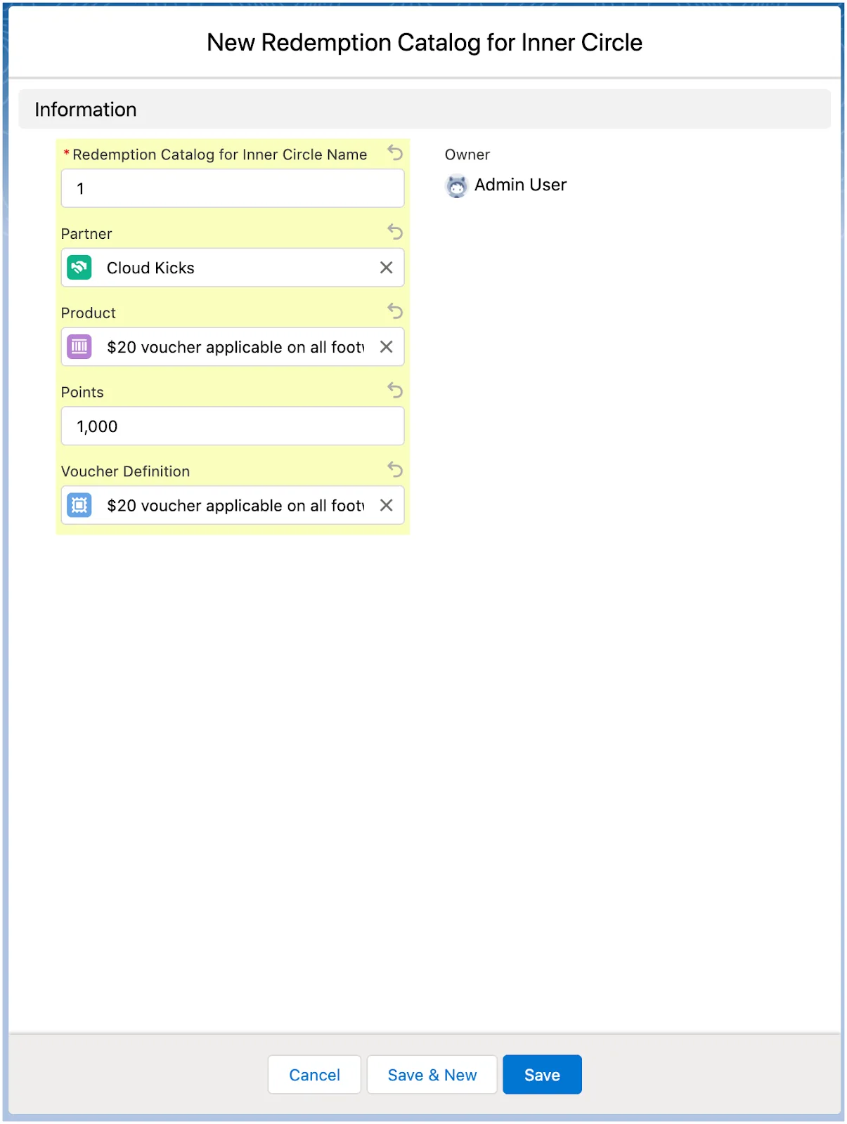 The New Redemption Catalog For Inner Circle window where you enter data related to the catalog items.