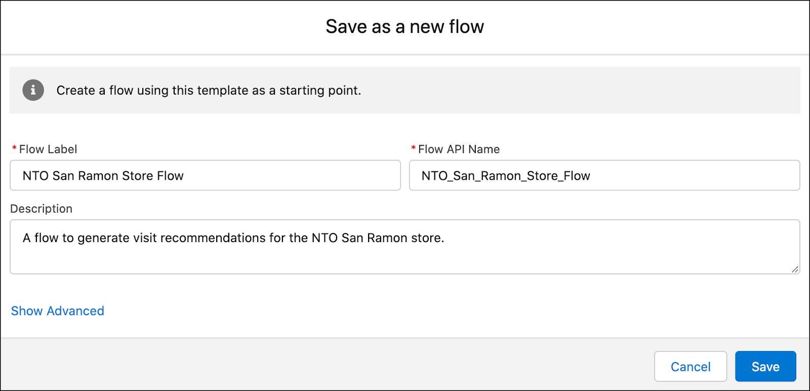 The Save as a new flow window showing the options to save a copy of the visit recommendation sample flow.