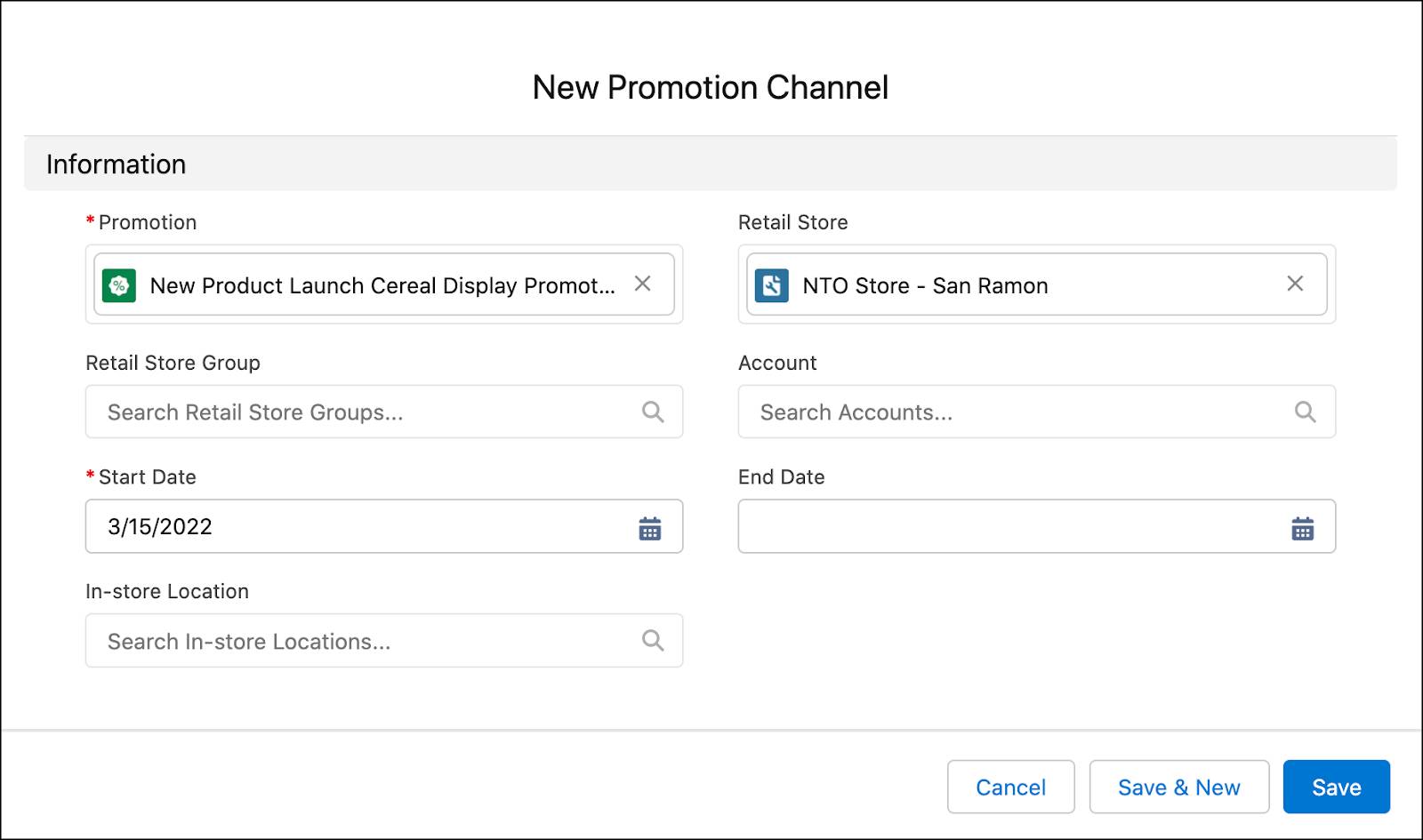 The New Promotion Channel window showing the options to create a new promotion channel for a retail store.