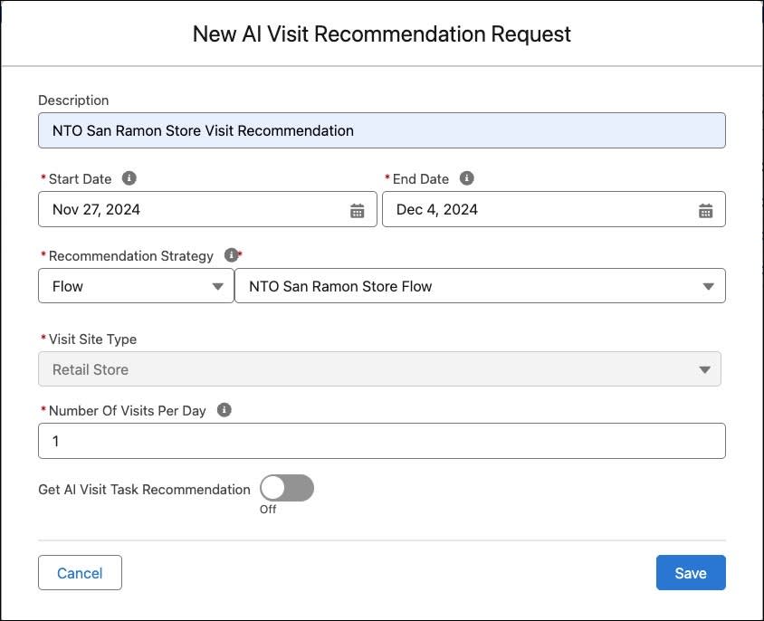 The New AI Visit Recommendation Request window showing the details to create a new visit recommendation request.