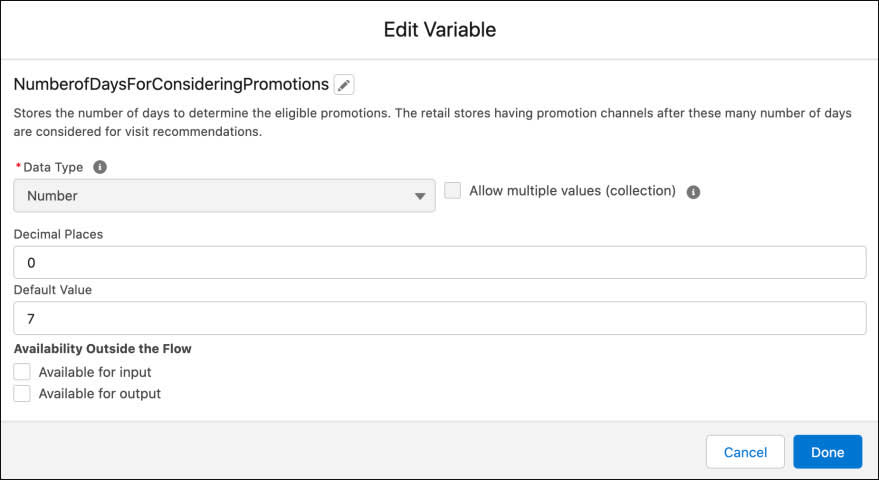 The Edit Variable window showing the default number of days after which promotions must be scheduled to be considered for visit recommendations.
