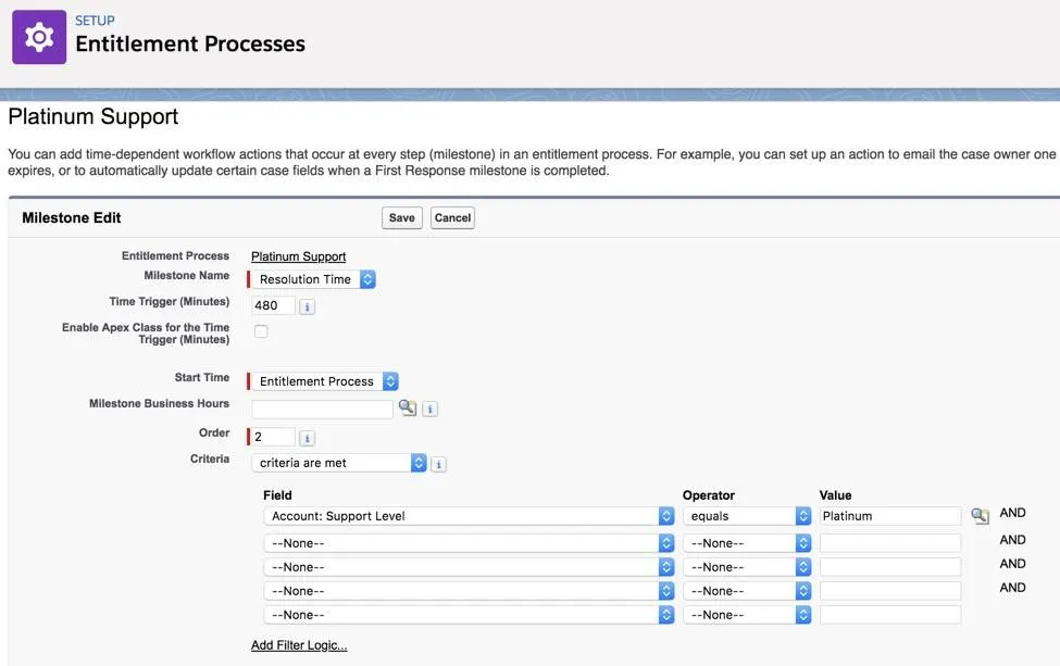 Add milestones to the Platinum Support Entitlement Process.