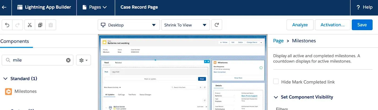 Edit the Case Page and Add the Milestone Tracker Component to view your milestone timelines on the case record page.