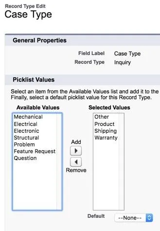 Customize the inquiry case type picklist values for inquiry cases.