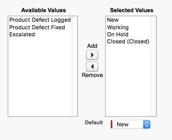 Customize the Inquiry case status picklist values to include New, Working, On Hold, and Closed.