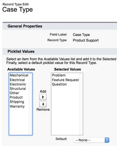 Customize the product support case type picklist values for Product Support cases.