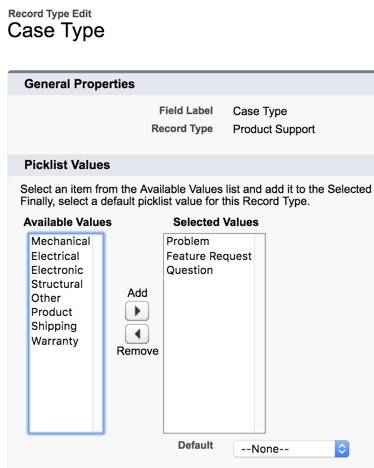 Personalize os valores da lista de opções do tipo de caso de suporte ao produto para casos de suporte ao produto.