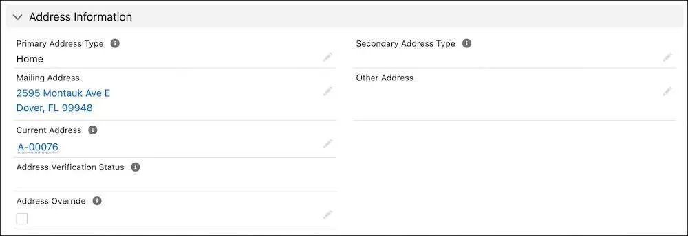 The Mailing Address field on Alexi’s contact record.