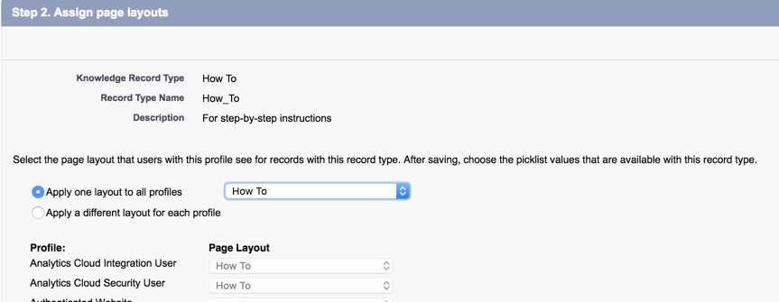 Step 2 of Record Type creation showing the How To layout selected.