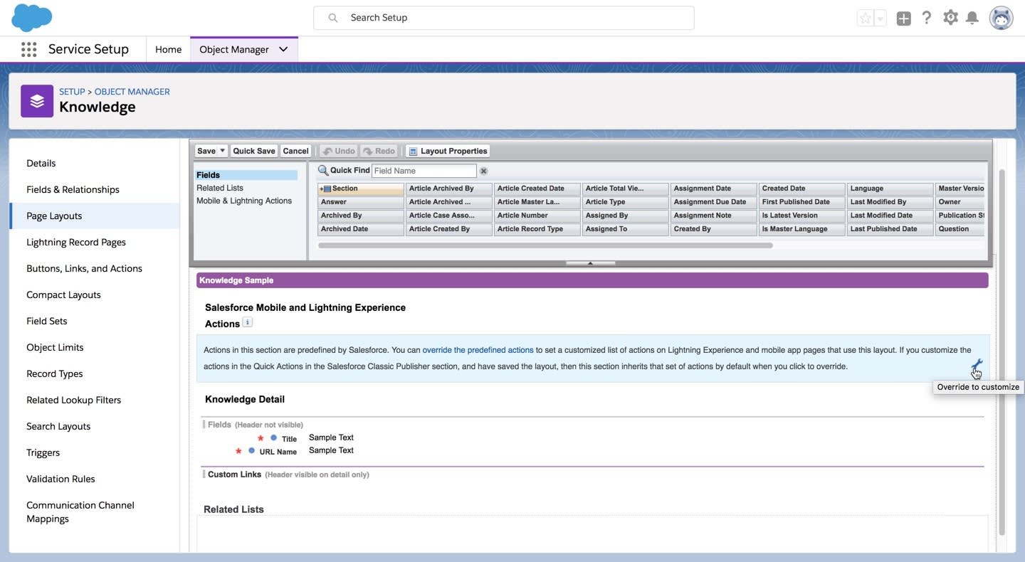 [How To (方法)] ページレイアウト。[Salesforce Mobile and Lightning Experience Actions (Salesforce モバイルおよび Lightning Experience のアクション)] セクションにレンチアイコンが示されています。