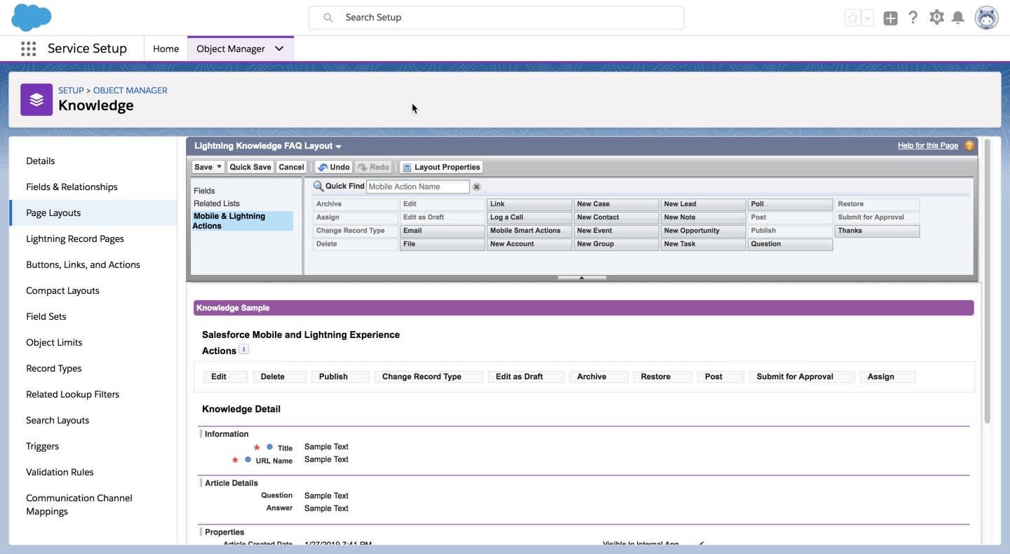[FAQ Knowledge (FAQ ナレッジ)] ページレイアウト。[Submit for Approval (承認申請)] と [Assign (割り当て)] が [Salesforce Mobile and Lightning Experience Actions (Salesforce モバイルおよび Lightning Experience アクション)] セクションに移動されています。