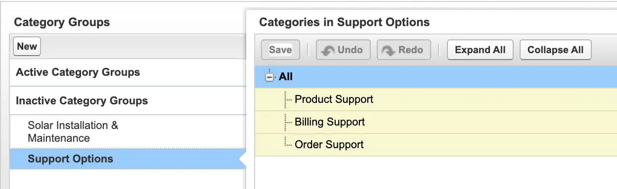 Support Options group showing three data categories added to it.