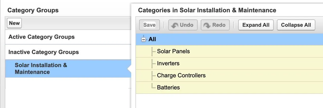 Category Groups section showing the Solar Installation & Maintenance group with the four added categories from above.