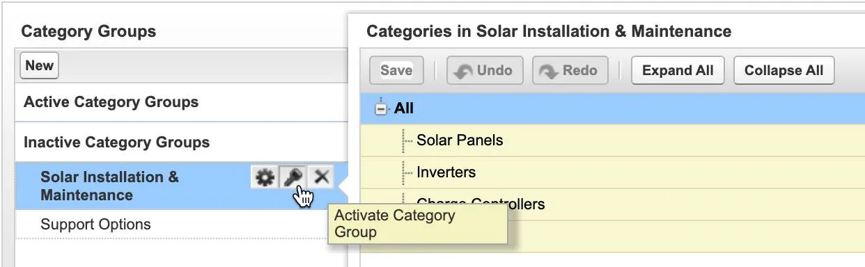 Solar Installation & Maintenance category showing Activate Category Group icon.