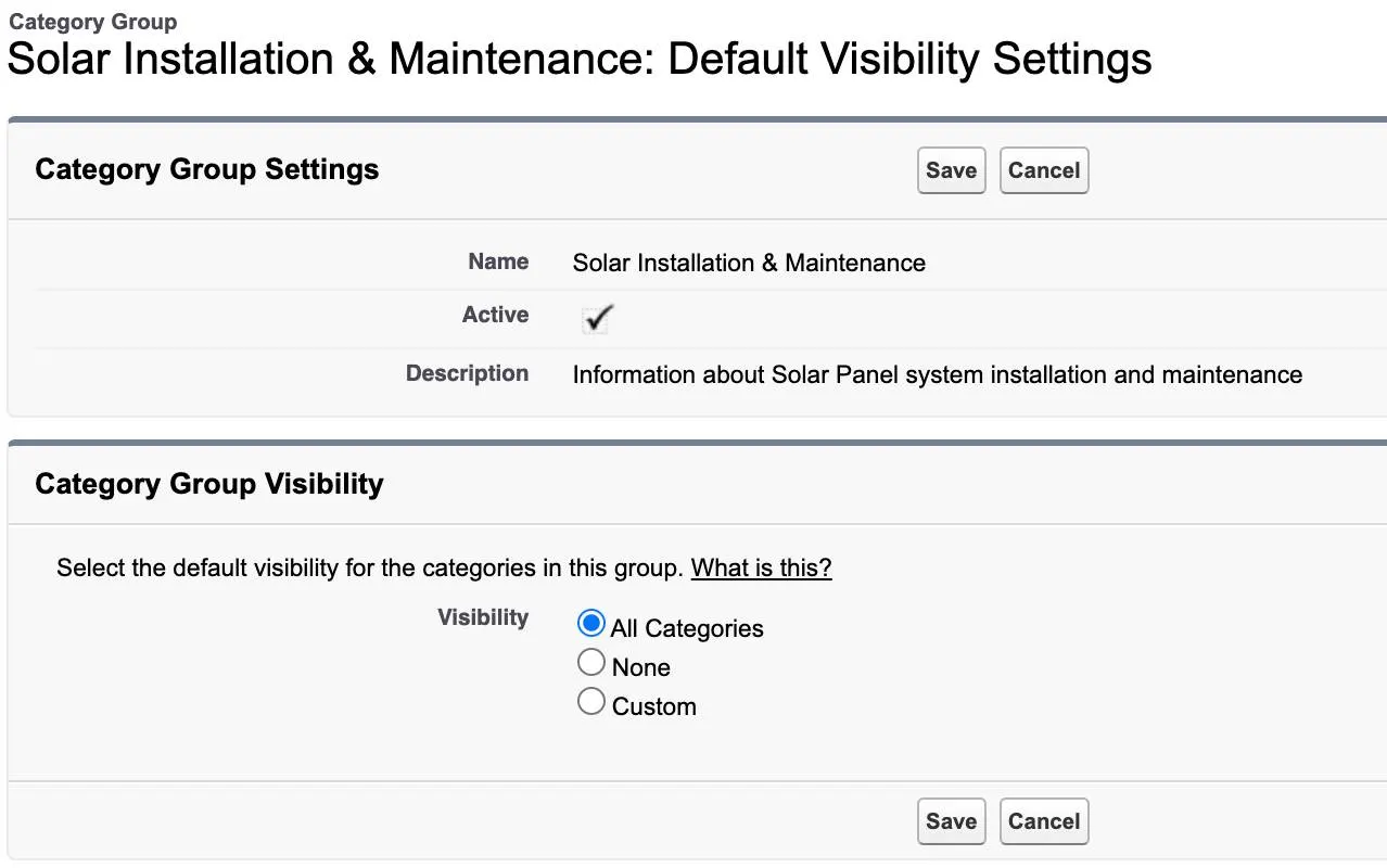 The Default Visibility Settings for Solar Installation & Maintenance with the All Categories radio button selected.