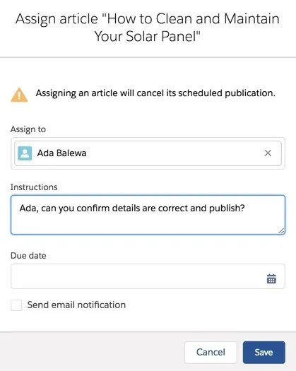 Assign the Knowledge article to Ada for validation