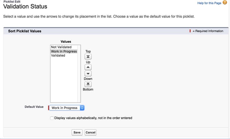 Validation Statues showing three values, with Work in Progress chosen as default value.