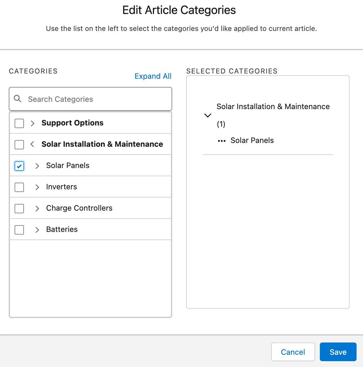 Knowledge article categories shown with Solar Panels selected.