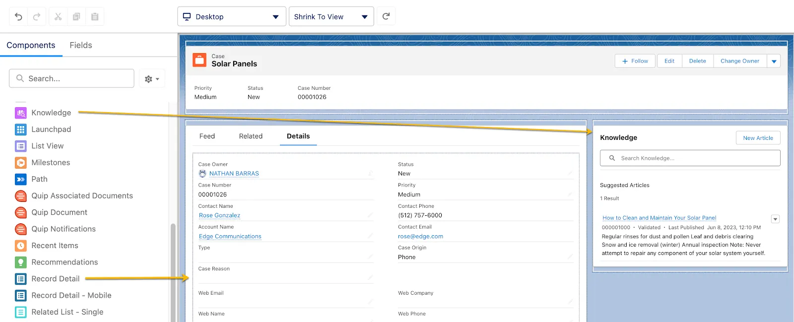 Shows Record Detail and Knowledge placed into the proper areas of the page.