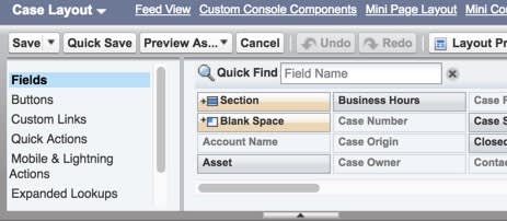 Case layout options showing Feed View link.