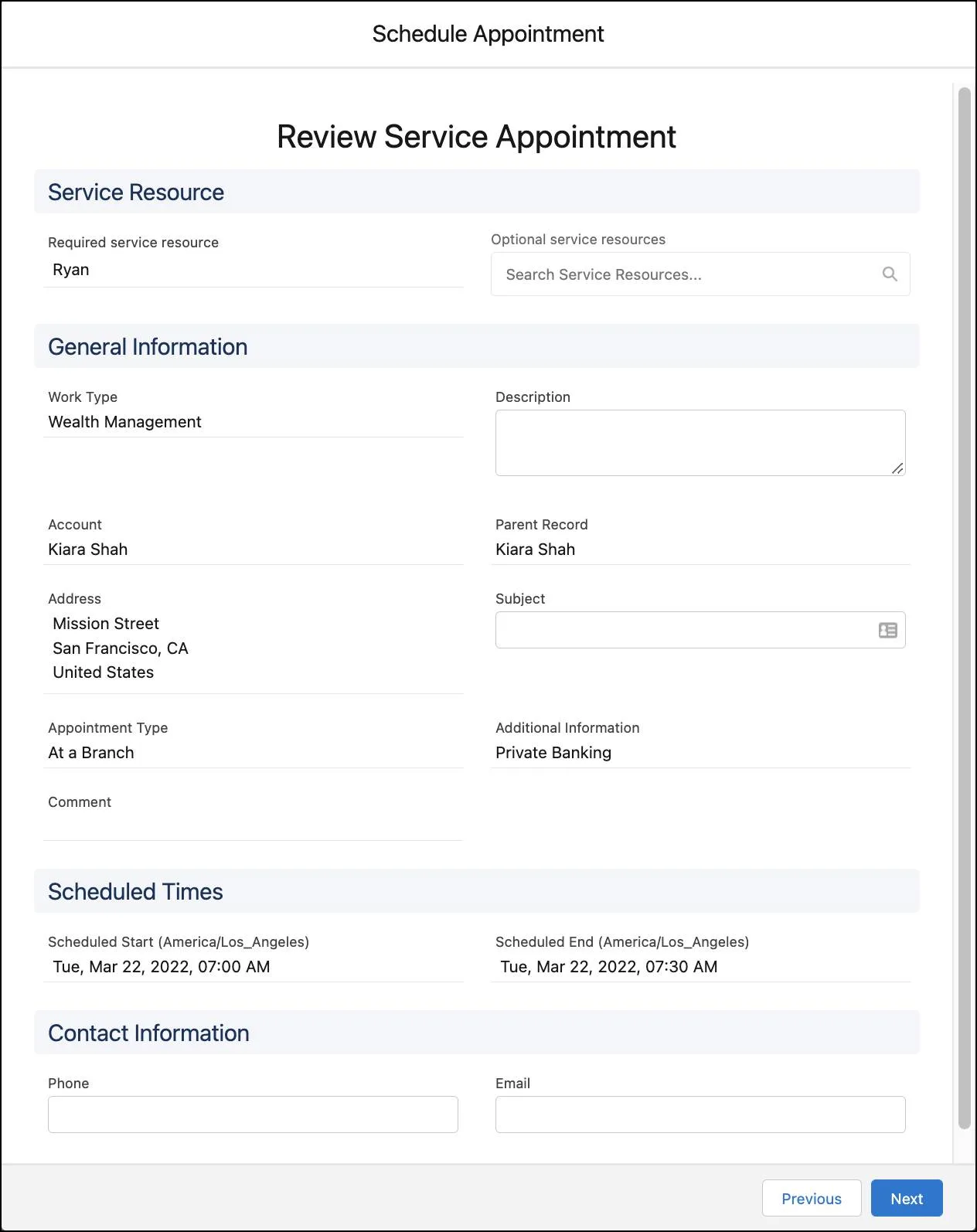 The Review Service Appointment window with details of Ryan’s appointment with Kiara.